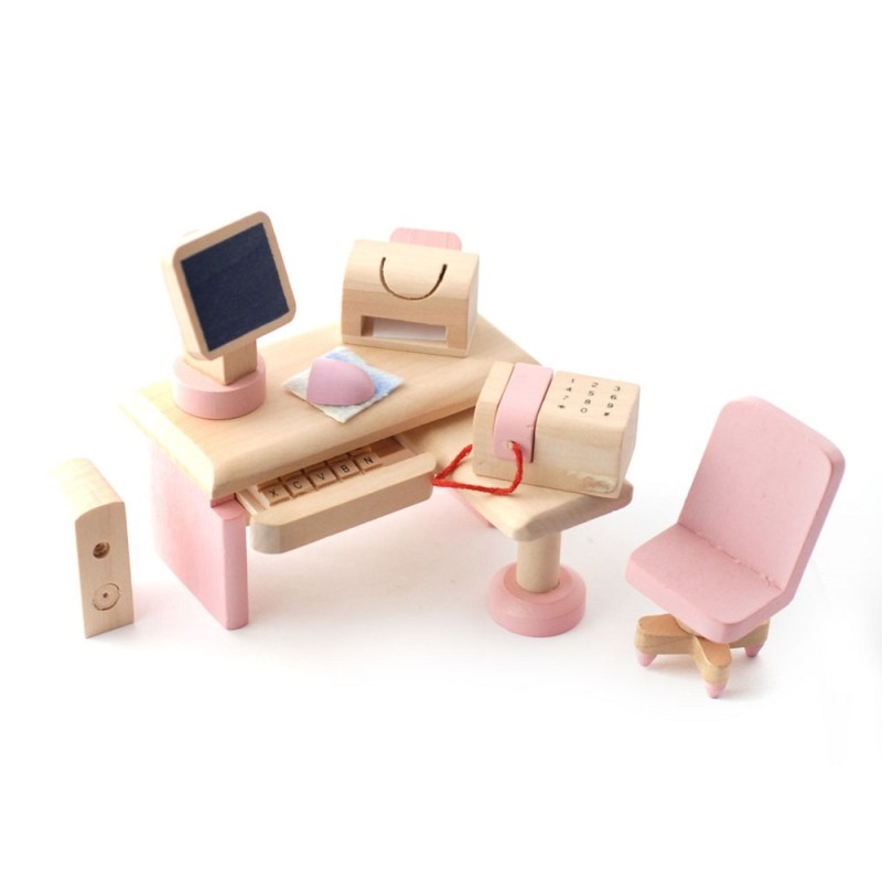 Dolls House Pink Wooden Computer Study Room Set Miniature 3 Years + Furniture