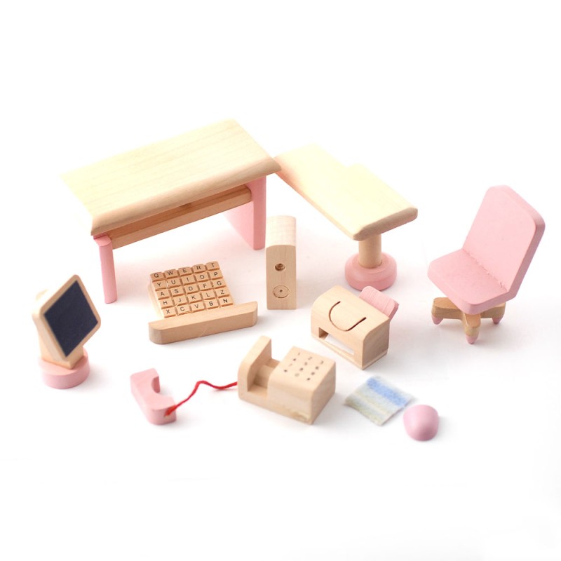 Dolls House Pink Wooden Computer Study Room Set Miniature 3 Years + Furniture
