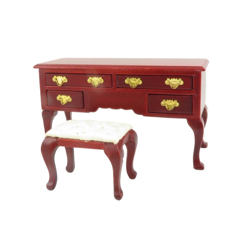 Dolls House Mahogany Dressing Table & Cream Stool Miniature Bedroom Furniture