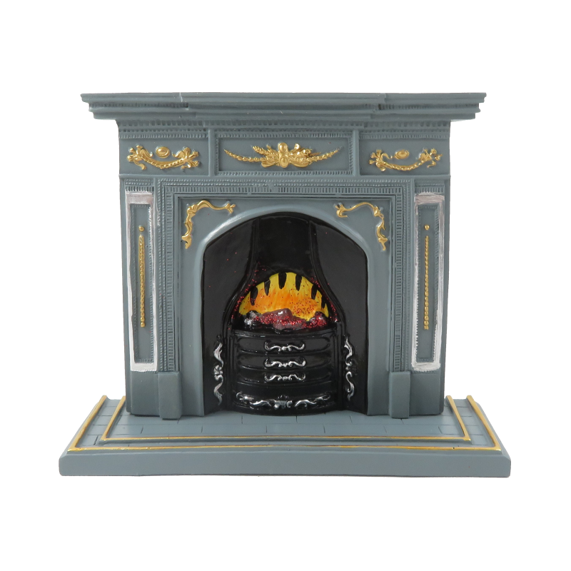 Dolls House Grey & Gold Fireplace with Flaming Fire 1:12 Scale Resin Furniture