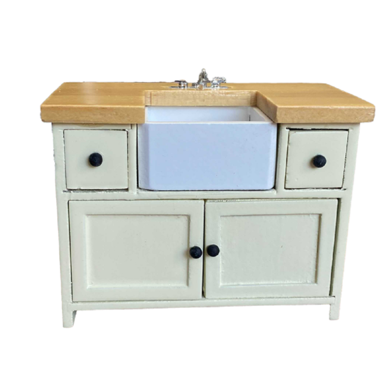 Dolls House Cream & Oak Sink Unit with Belfast Sink Modern Kitchen Furniture