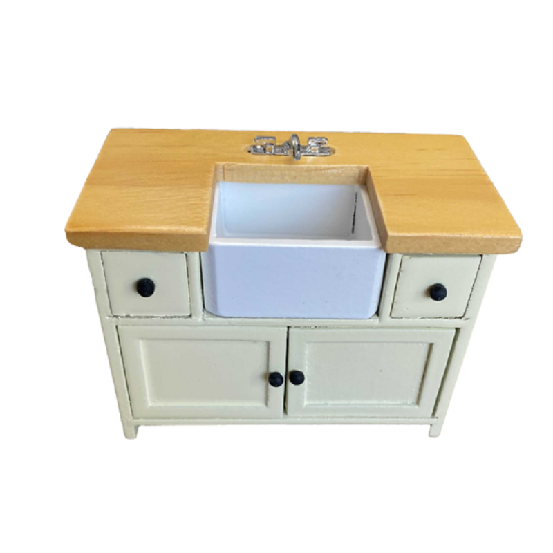 Dolls House Cream & Oak Sink Unit with Belfast Sink Modern Kitchen Furniture