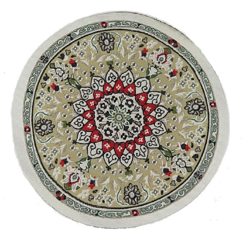 Dolls House Green Beige Circular Rug Miniature Round Turkish Woven Carpet Medium