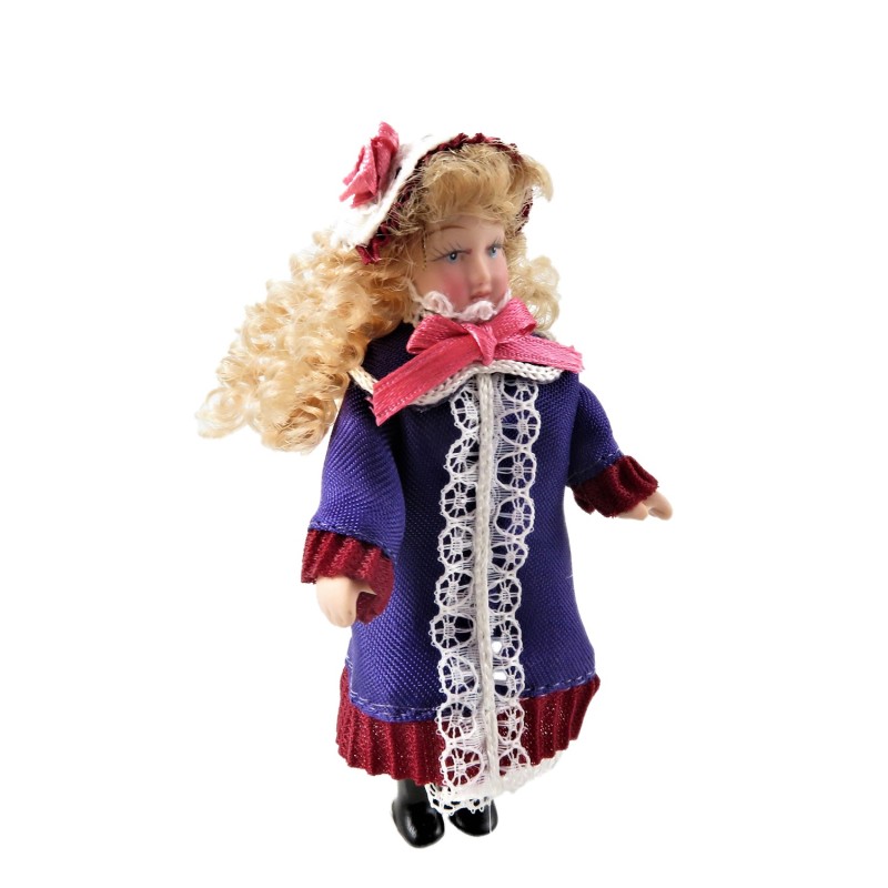 Dolls House Victorian Little Girl in Purple Dress Coat 1:12  Porcelain People