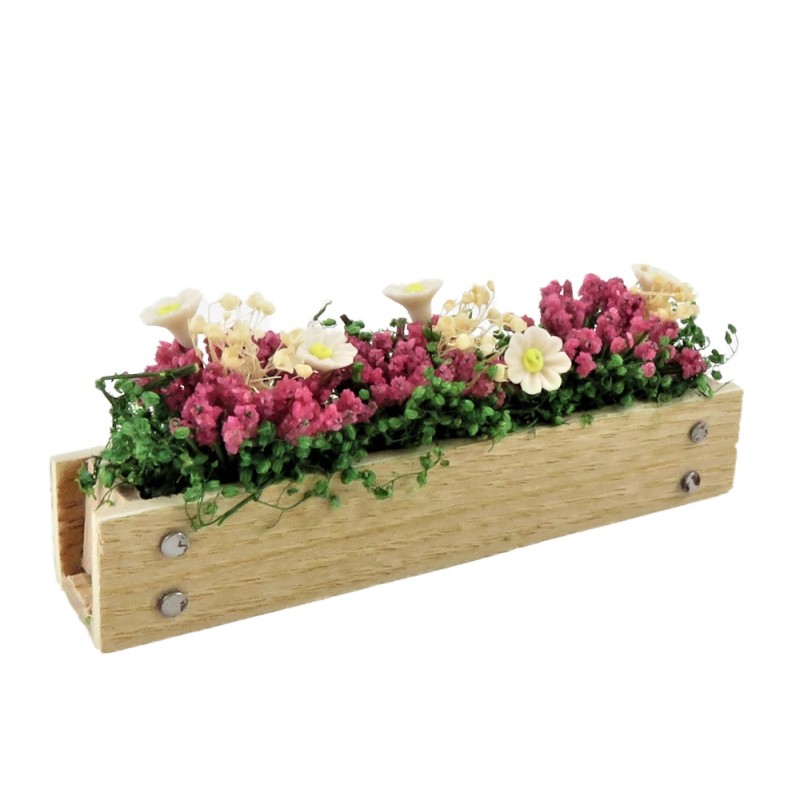 Dolls House Wooden Window Box with Pink & White Flowers 1:12 Scale Accessory