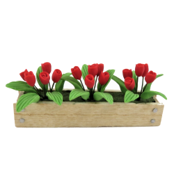 Dolls House Wooden Window Box With Red Tulips Garden Outdoor Accessory