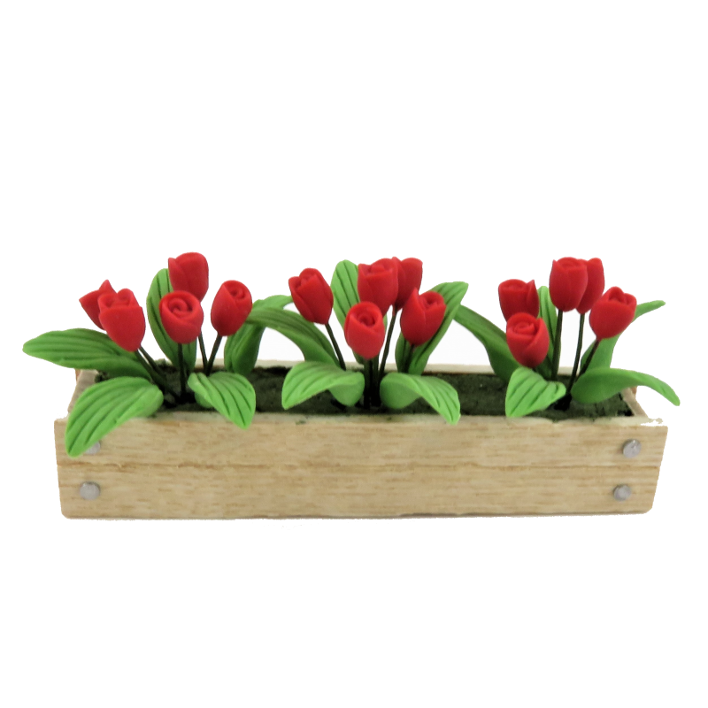 Dolls House Wooden Window Box With Red Tulips Garden Outdoor Accessory