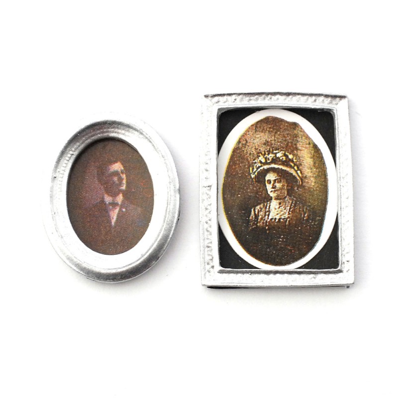 Dolls House 2 Victorian Portrait Pictures Paintings in Miniature Silver Frames 