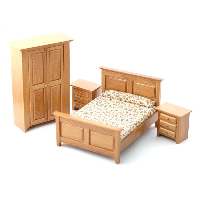 Dolls House Light Oak Country Bedroom Furniture Set 1:12 Scale 4 Piece