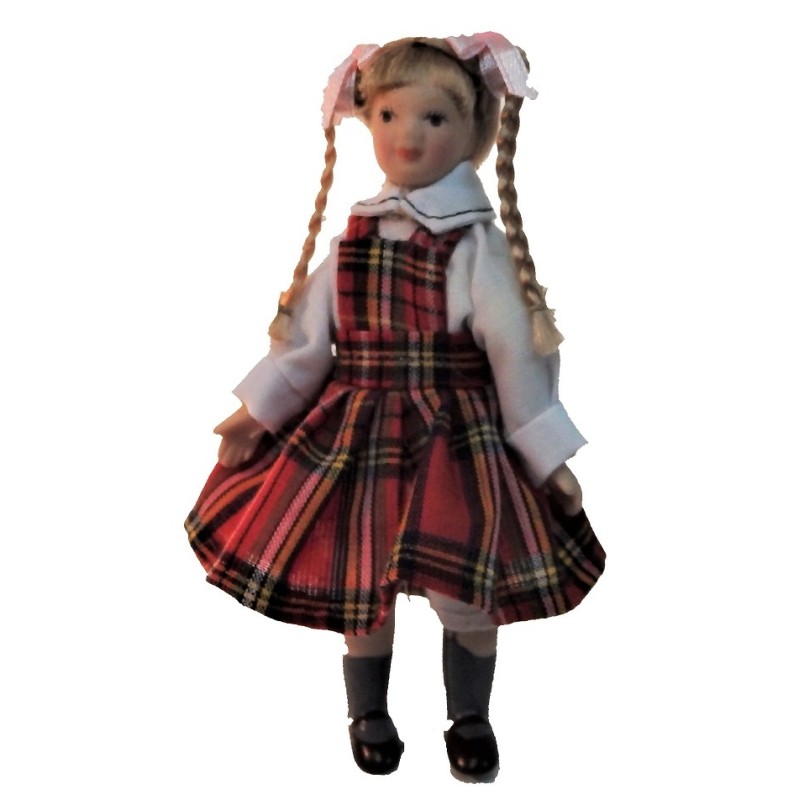 Dolls House Girl in Tartan Pinafore Miniature Porcelain 1:12 People