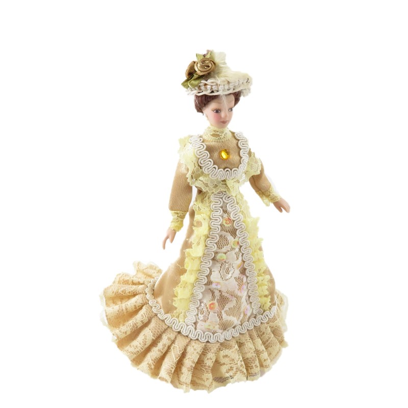 Dolls House Victorian Lady Constance In Gold Outfit Porcelain 1:12 Scale People