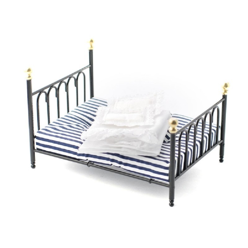 Dolls House Black Cast Iron Double Bed & Bedding Miniature Bedroom Furniture