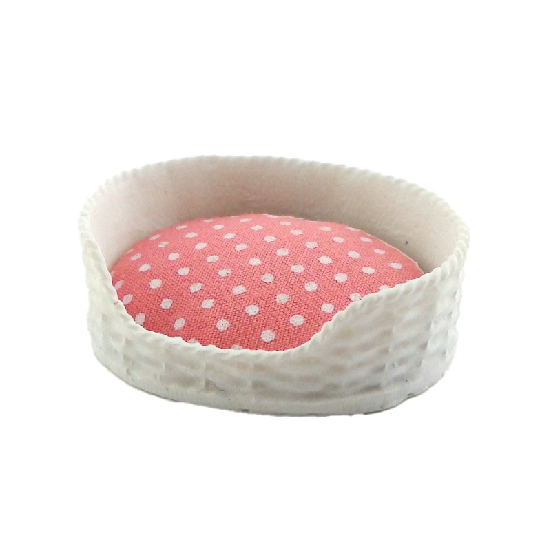 Dolls House Pink & White Dog Cat Bed Basket & Cushion Miniature Pet Accessory