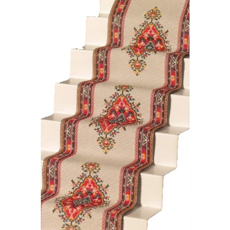 Dolls House Woven Stair Carpet Runner Cream Red Miniature Flooring