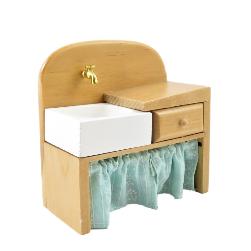 Dolls House Light Oak Sink Unit with Curtain Old Fashioned Kitchen Furniture