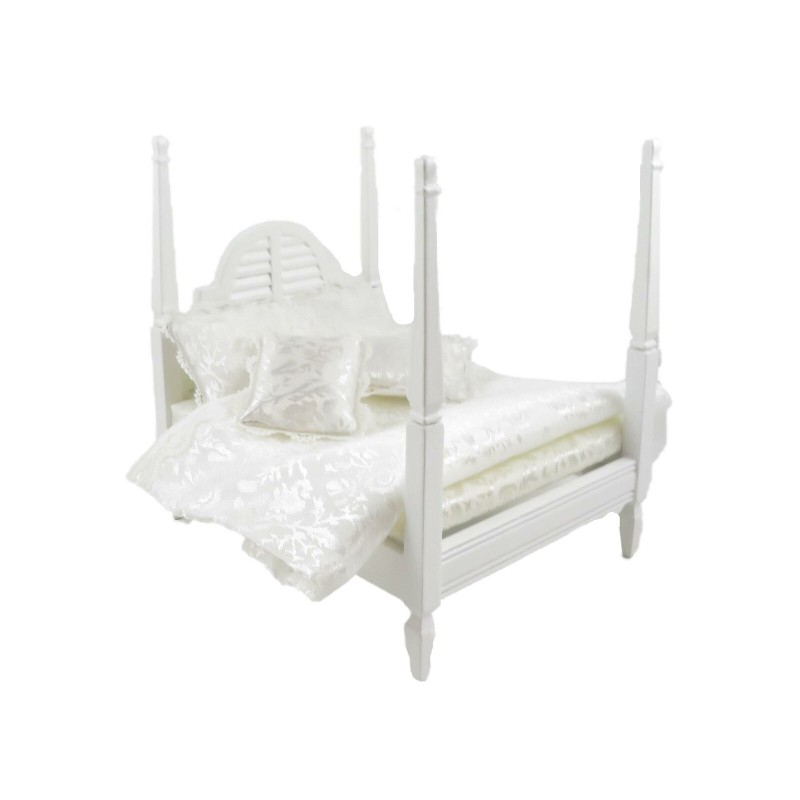 Dolls House White 4 Poster Double Bed & Bedding Miniature Bedroom Furniture
