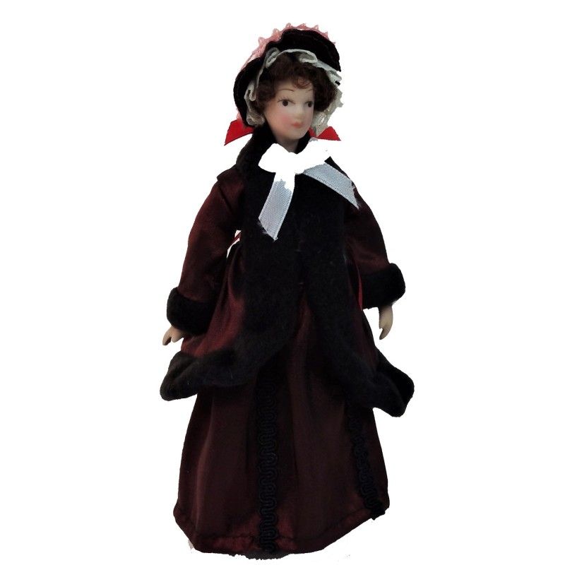 Dolls House Victorian Lady in Red Coat Miniature Porcelain People