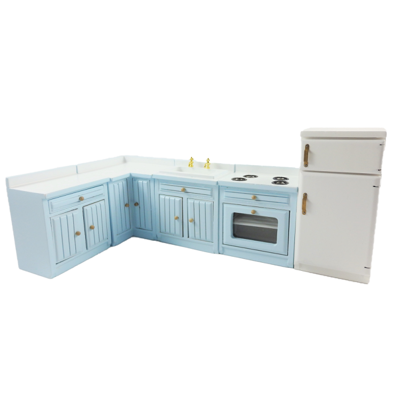 Dolls House Pale Blue Fitted Kitchen Furniture Set Miniature Units & Appliances