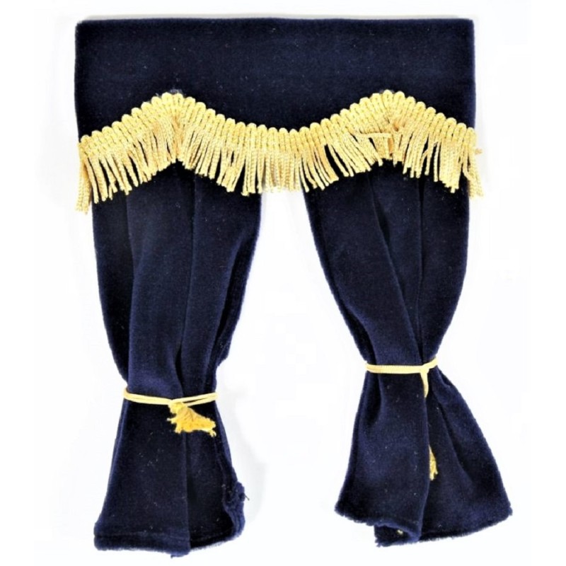 Dolls House Blue Velvet Curtains Gold Fringe Window Accessory