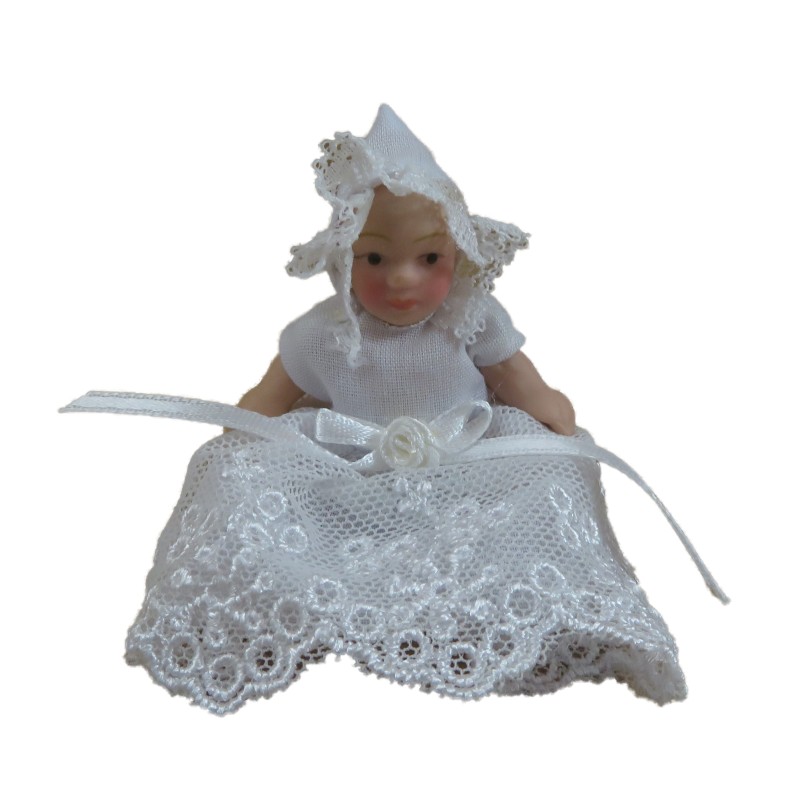 Dolls House Baby in White Lace Dress & Bonnet Miniature 1:12 Porcelain People