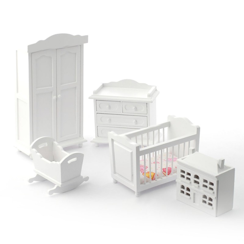 Dolls House White Wood Nursery Furniture Set Miniature 5 Piece Baby Room