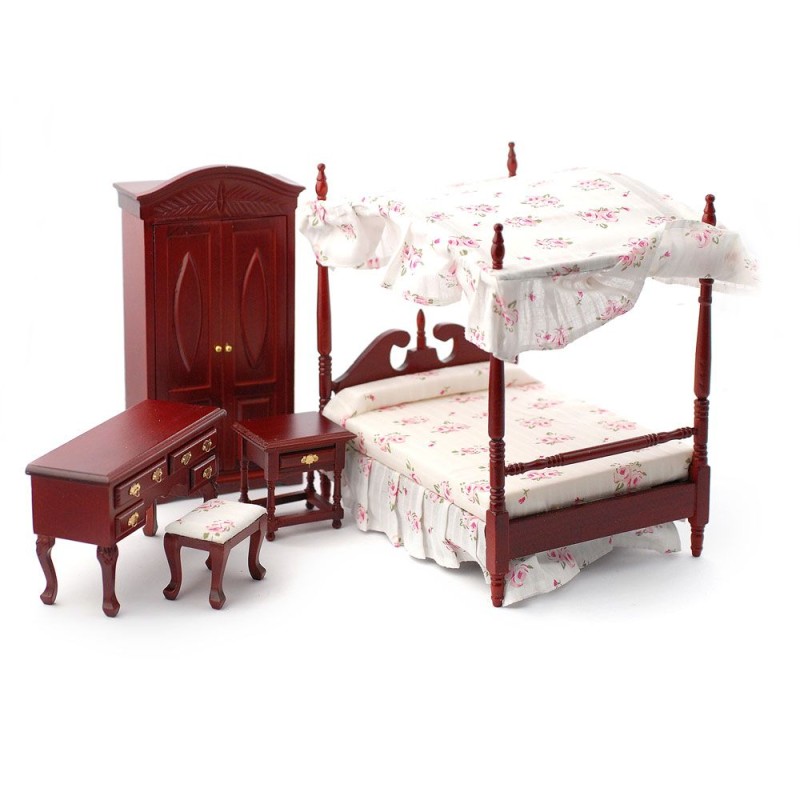 Dolls House Mahogany Victorian Bedroom Furniture Set with Canopy 4 Poster Bed