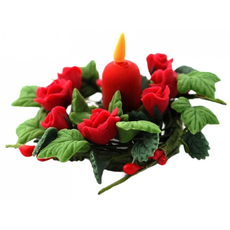 Dolls House Red Roses Table Wreath & Candle Miniature Christmas Dining Accessory