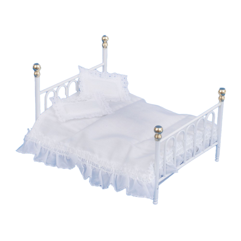 Dolls House White Cast Iron Double Bed & Bedding Miniature Bedroom Furniture