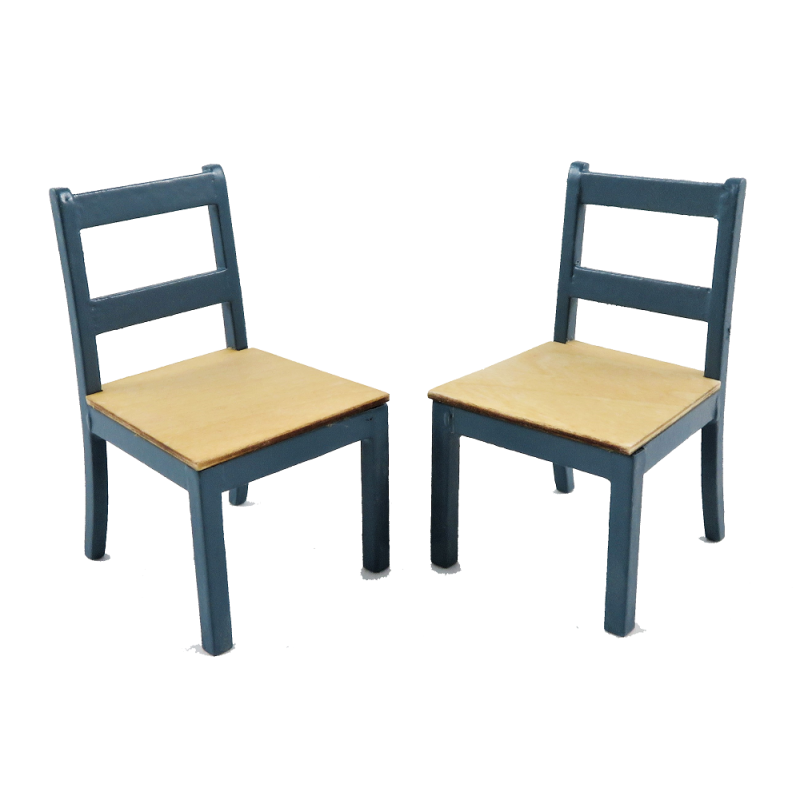 Dolls House 2 Blue & Pine Dining Chairs Modern Miniature Kitchen Furniture