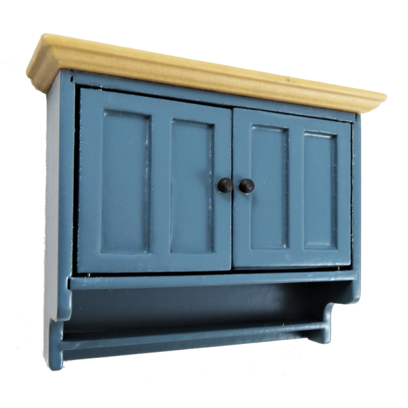 Dolls House Blue & Pine Double Wall Cupboard Modern Miniature Kitchen Furniture