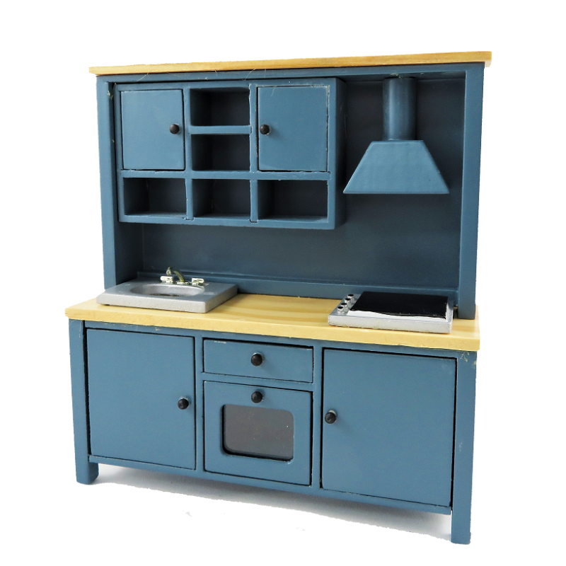 Dolls House Complete Modern Blue and Pine Kitchen Unit with Sink Oven & Hob