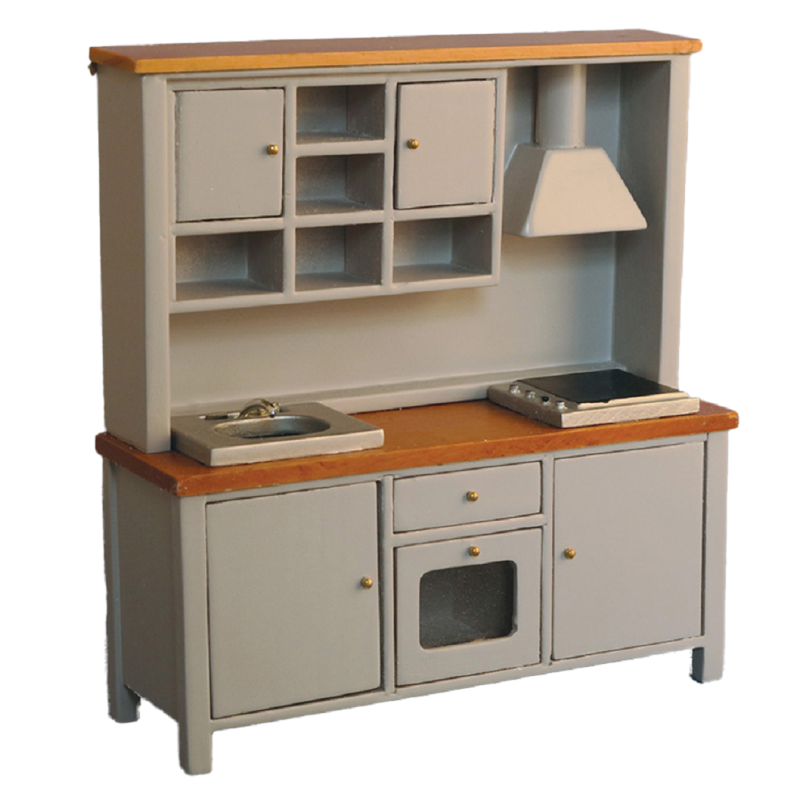 Dolls House Grey & Pine Complete Modern Kitchen Unit with Sink Oven & Hob