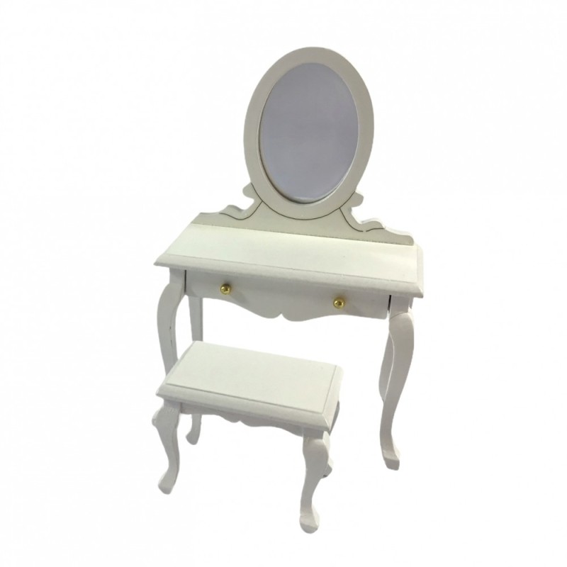 Dolls House White Vanity Dressing Table & Stool Miniature Bedroom Furniture 