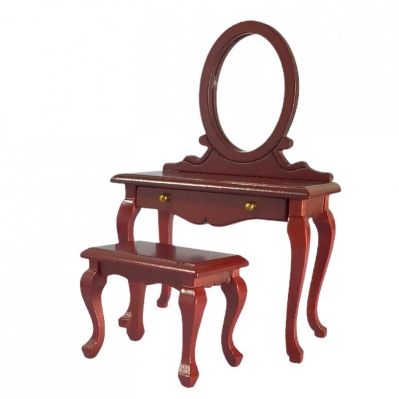 Dolls House Mahogany Dressing Table & Stool Miniature Vanity Bedroom Furniture