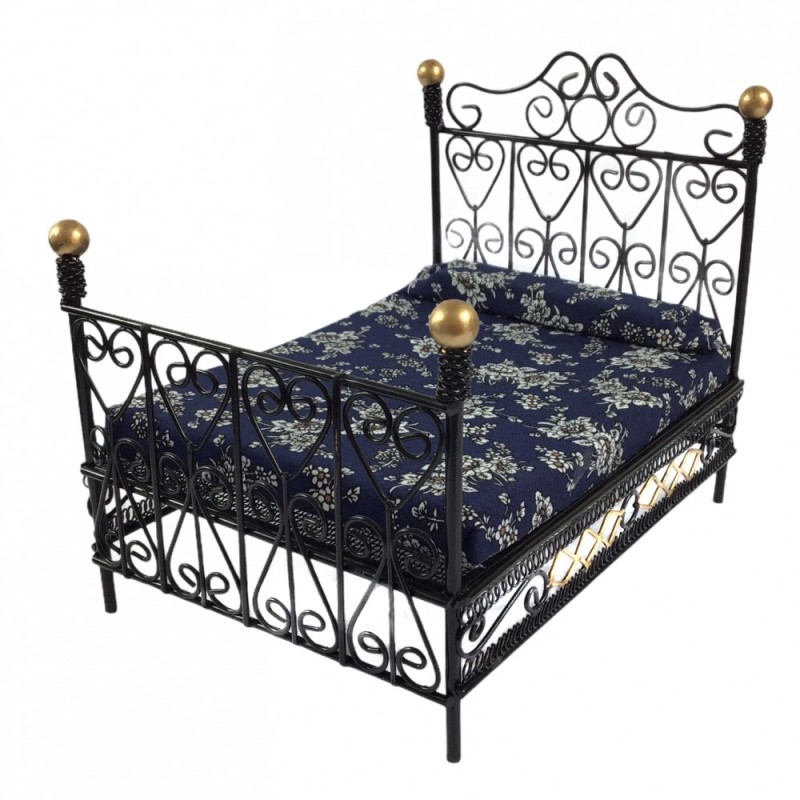 Dolls House Black Cast Iron Double Bed & Mattress Miniature Bedroom Furniture