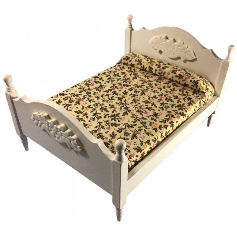 Dolls House White Double Bed & Floral Bedding Miniature Bedroom Furniture 1:12 Dolls House White Double Bed & Floral Bedding Miniature Bedroom Furniture 1:12