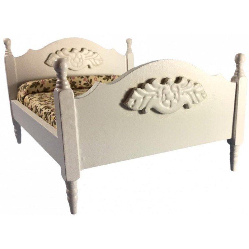 Dolls House White Double Bed & Floral Bedding Miniature Bedroom Furniture 1:12 Dolls House White Double Bed & Floral Bedding Miniature Bedroom Furniture 1:12