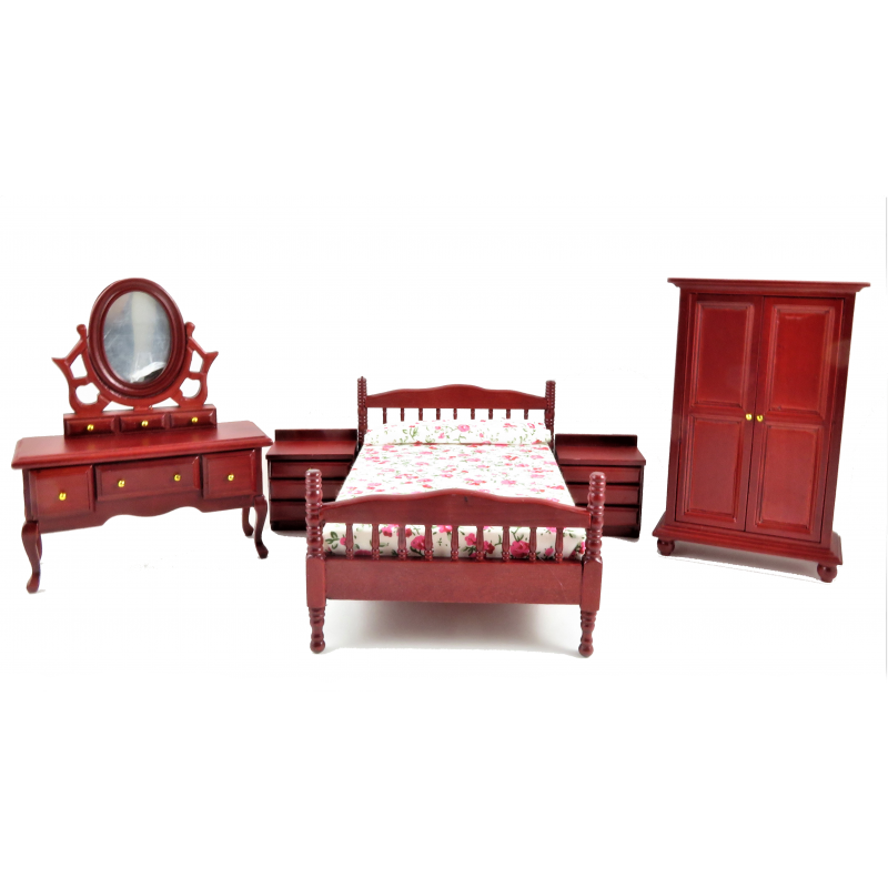 Dolls House Mahogany Double Bedroom Furniture Set with Spindle Bed Frame