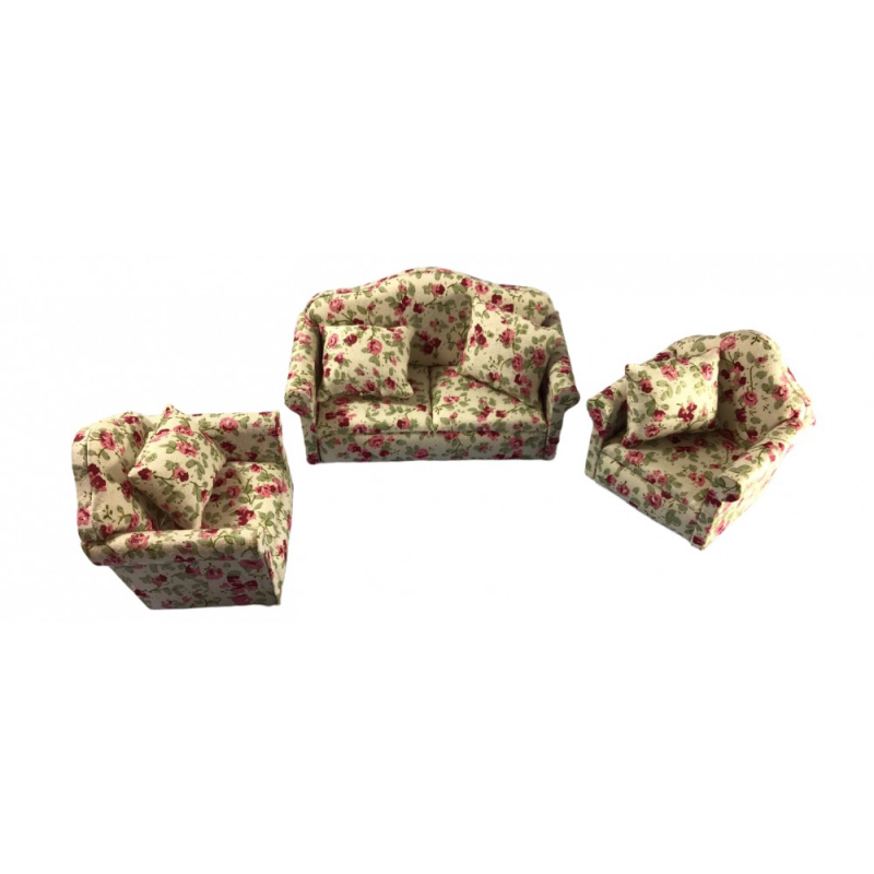 Dolls House Chintz Cottage Sofa and 2 Armchairs 1:12 Living Room Furniture Set