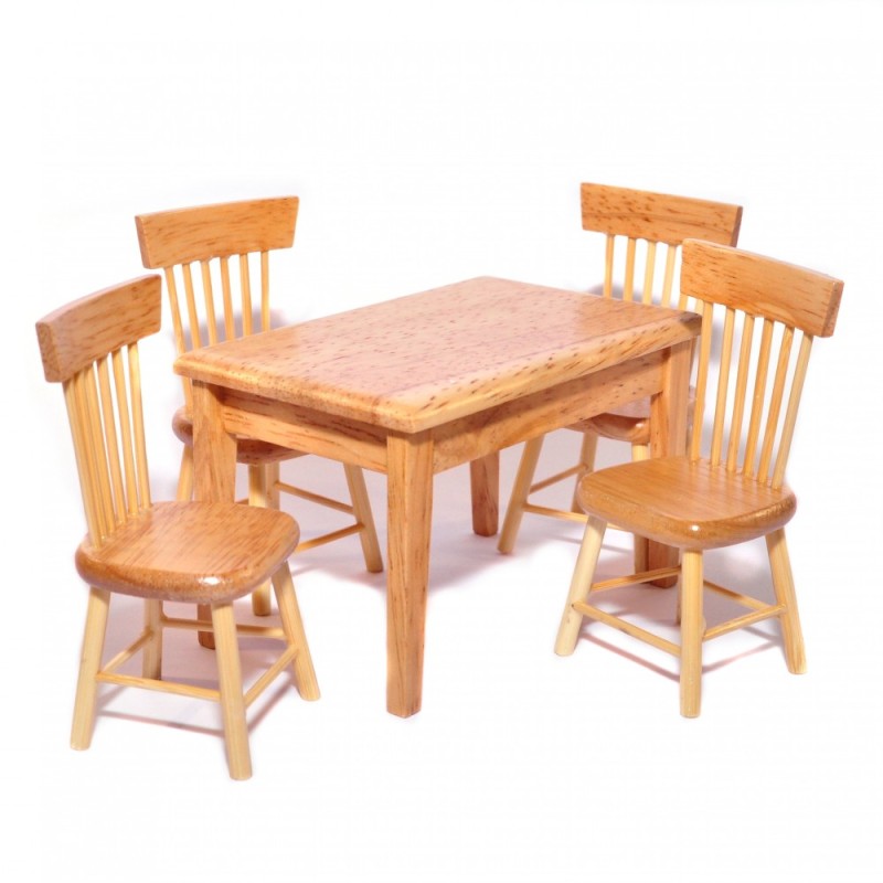 Dolls House Light Oak Table & 4 Chairs Miniature Kitchen Dining Room Furniture