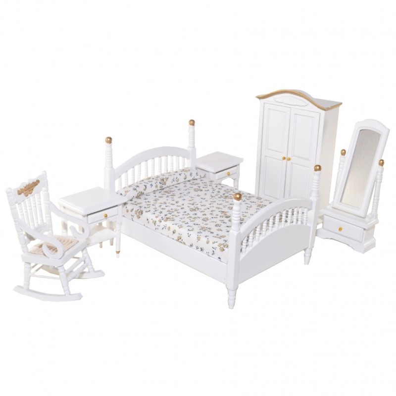 Dolls House White & Gold Double Bedroom Furniture Set with Spindle Frame 1:12
