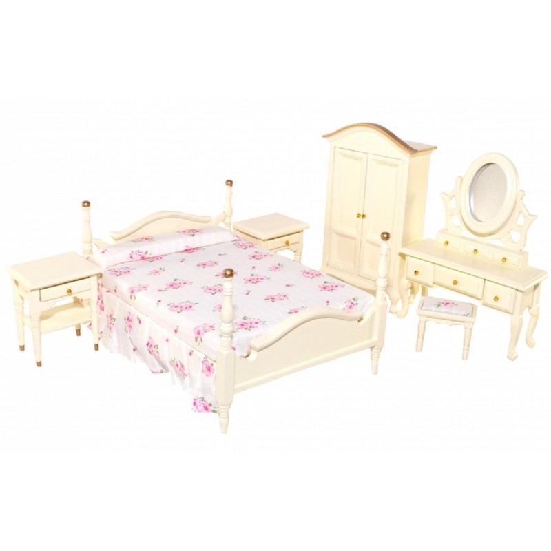 Dolls House Cream & Gold Floral Double Bedroom Furniture Set Miniature 1:12