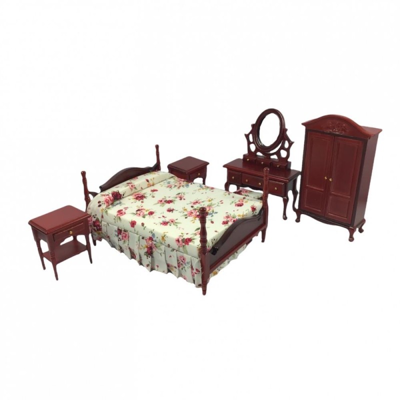 Dolls House Mahogany & Floral Bedroom Furniture Set 6 Pieces 1:12 Miniature