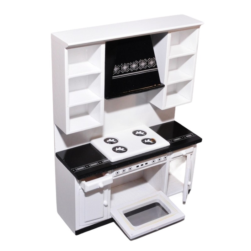 Dolls House Modern Black & White Kitchen with Island Miniature Furniture Set