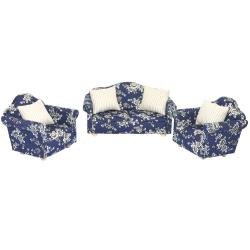 Dolls House Blue Floral Sofa & 2 Armchairs Modern Living Room Furniture Set 1:12