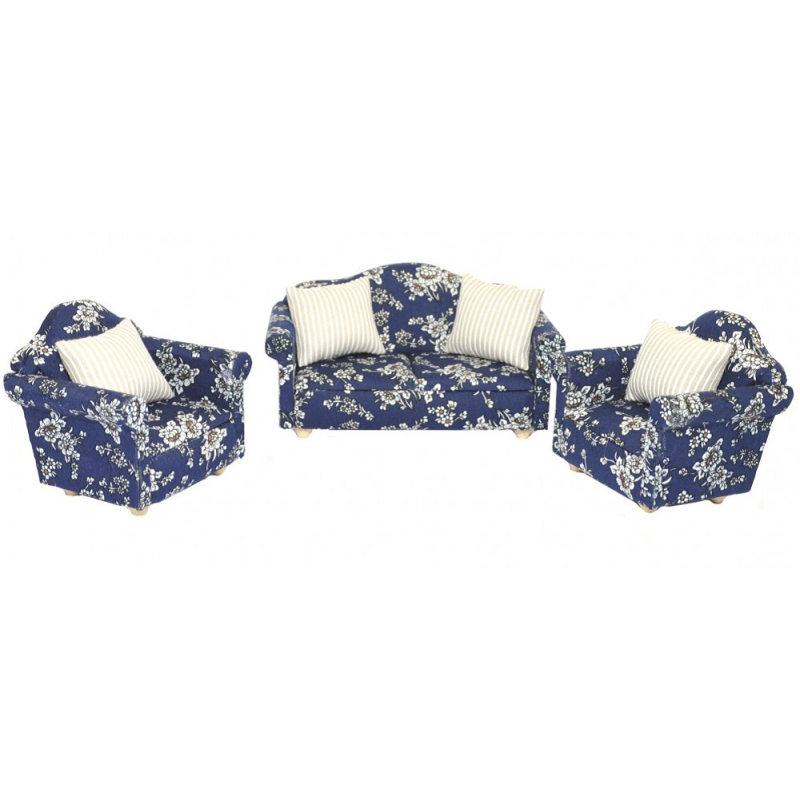 Dolls House Blue Floral Sofa & 2 Armchairs Modern Living Room Furniture Set 1:12