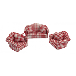 Dolls House Red Gingham Sofa & 2 Armchairs Modern Living Room Furniture Set 1:12