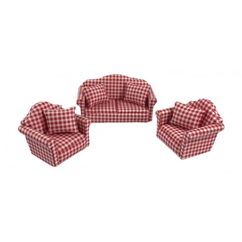 Dolls House Red Gingham Sofa & 2 Armchairs Modern Living Room Furniture Set 1:12