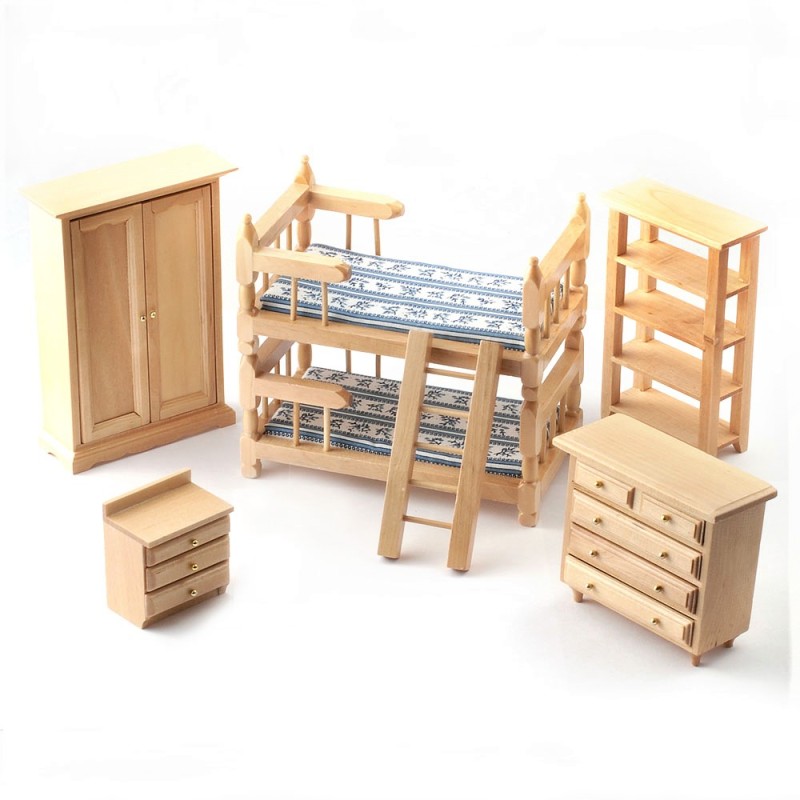 Dolls House Light Oak Bedroom Furniture Set with Bunk Bed 1:12 Scale