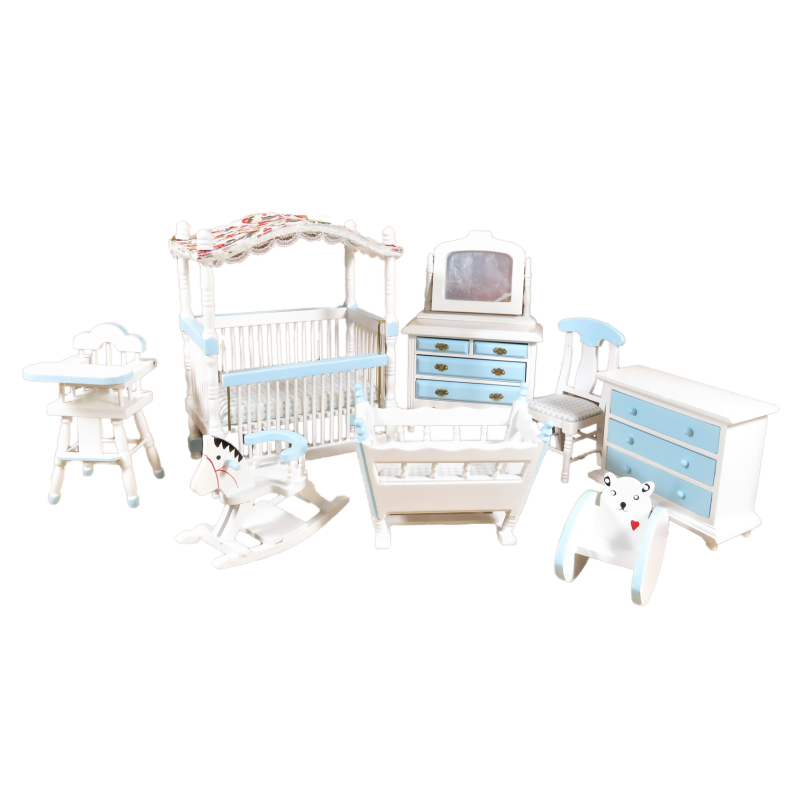 Dolls House Blue & White Nursery Furniture Set 8 Piece Miniature with Canopy Cot